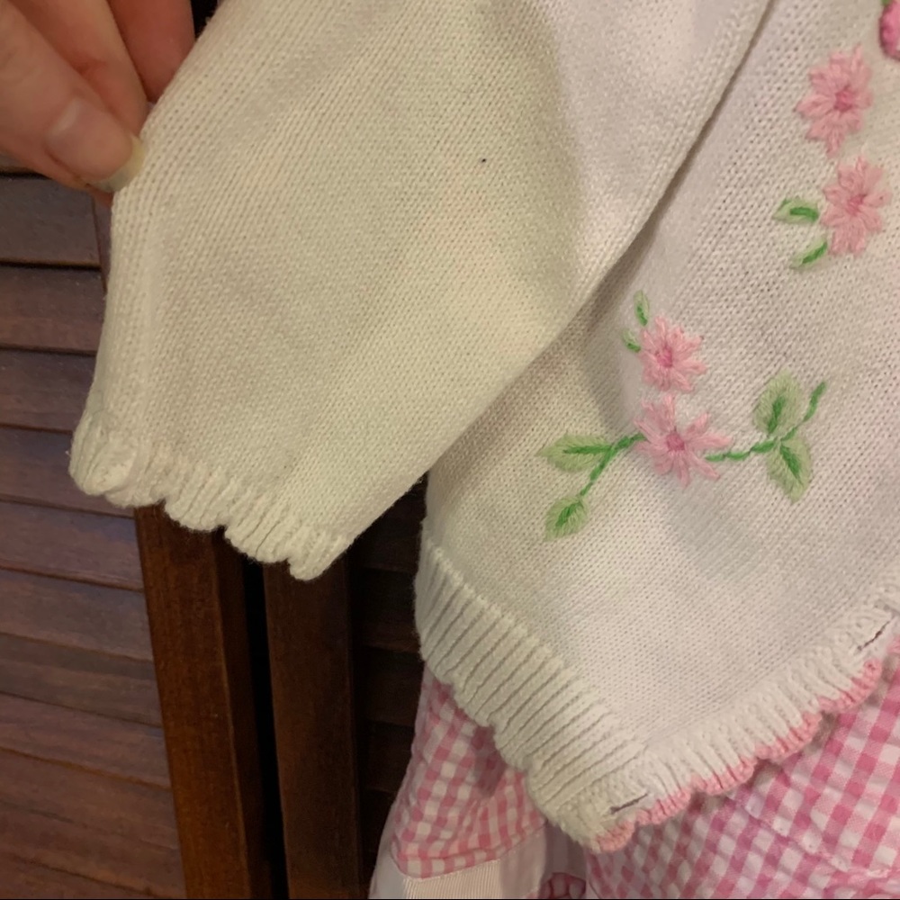 Pink Gingham Dress White Embroidered Cardigan - Picture 3 of 12